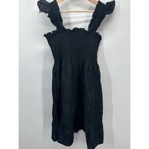 Hill House Ellie Nap Dress Black Crepe Size L Crinkle Tiered Ruffle Shoulder
